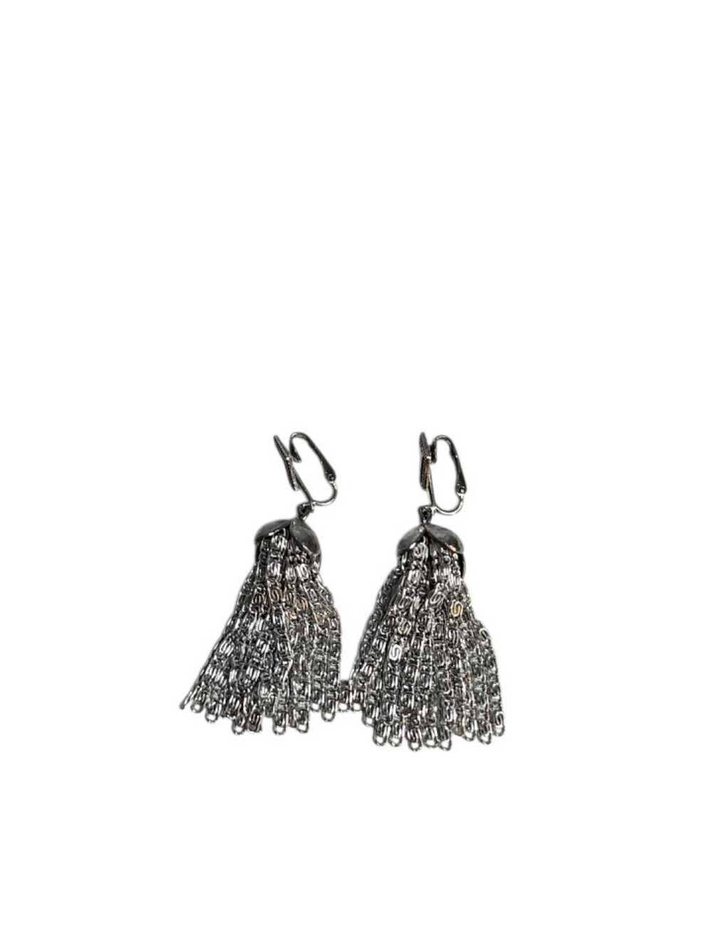 Vintage Sarah Coventry Silver Tone Snail Chain Tassel Clip On Dangle Earring